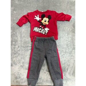 Disney Baby Mickey Mouse 12M Red Long Sleeve Shirt & Gray Sweatpants Outfit Set